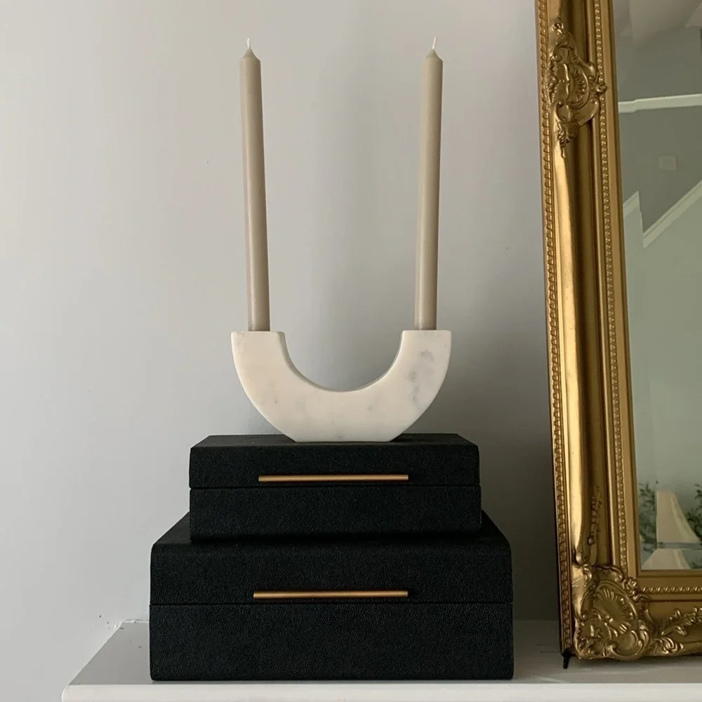 NWT*Threshold Marble taper‎ candle holder short*White